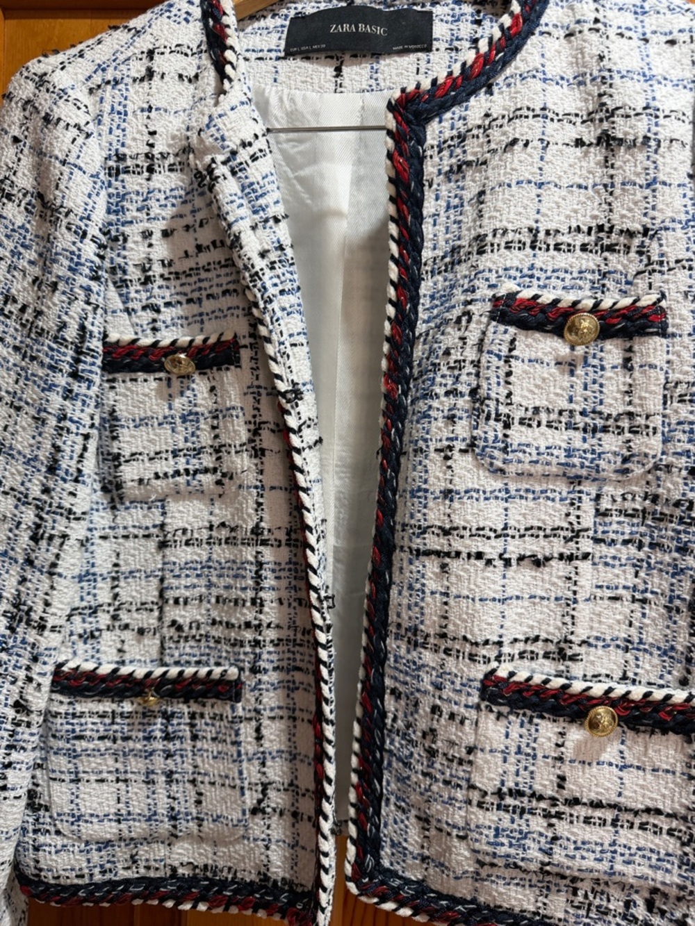 Zara White Tweed Jacket with Navy, Black & Red Trim